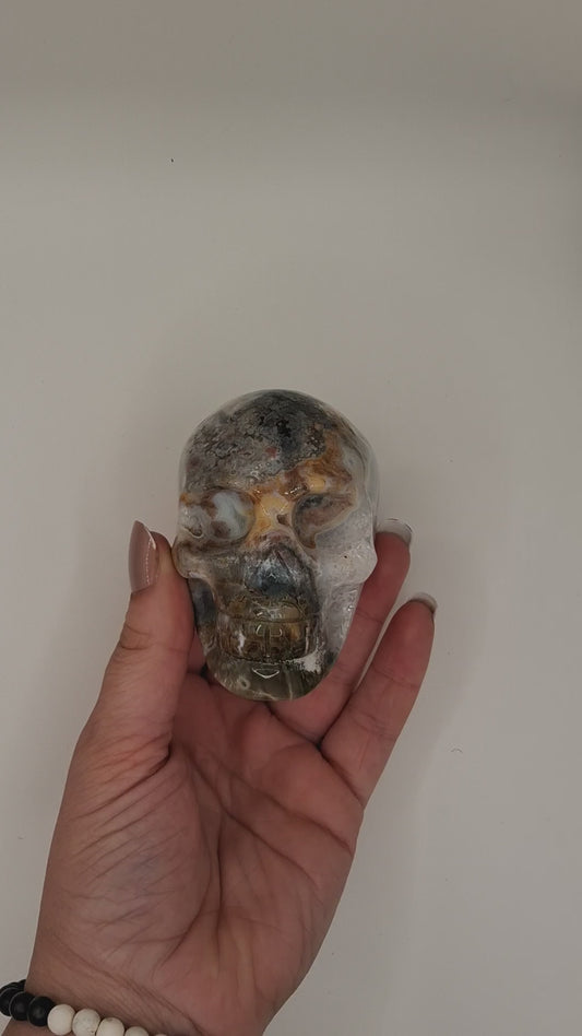 Multicolor Ocean Jasper Skull with Quartz inclusion